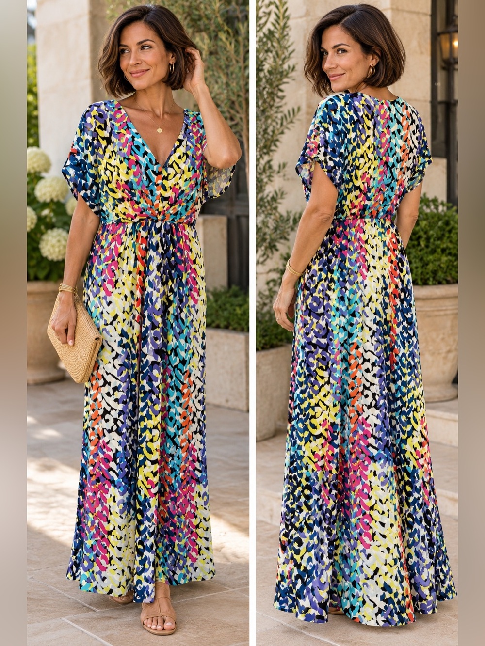 Trina Turk Size 6 Multicolor Abstract Print Surplice Maxi Dress Made in USA